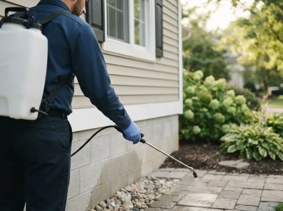 Pest control technician inspecting a home in Martville, NY